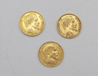 null Trois pièces de 20 Francs Or, Napoléon, tête nue, 1859 A.

Poids : 19,29grs.



Estimation...