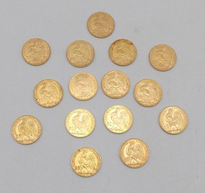 null Quinze pièces de 20 Francs Or, au Coq.

1906 (x7), 1907 (x3), 1908, 1909 (x2)...