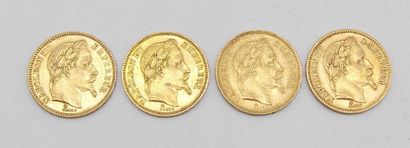 null Quatre pièces de 20 Francs Or, Napoléon, tête laurée, 1864 A.

Poids : 25,68grs.



Estimation...