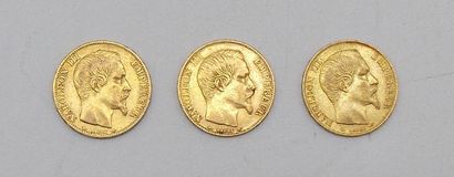  Trois pièces de 20 Francs Or, Napoléon, tête nue, 1853 A, 1854 A et 1855 A. 
Poids...