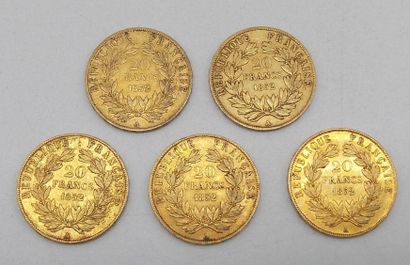 null Cinq pièces de 20 Francs Or, Napoléon, tête nue, 1852 A.

Poids : 32,03grs.



Estimation...