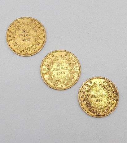 null Trois pièces de 20 Francs Or, Napoléon, tête nue, 1859 A.

Poids : 19,27grs.



Estimation...