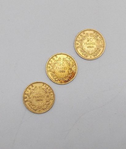 null Trois pièces de 20 Francs Or, Napoléon, tête nue, 1860 A.

Poids : 19,22grs.



Estimation...