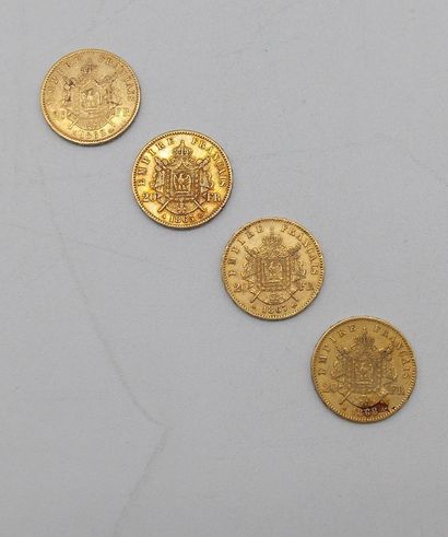 null Quatre pièces de 20 Francs Or, Napoléon, tête laurée.

1862 A, 1865 A, 1867...
