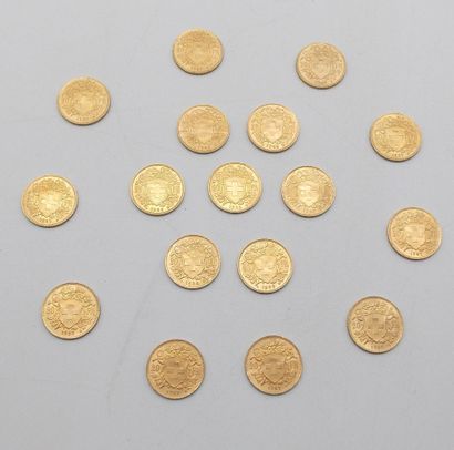 null Dix-Sept pièces de 20 Francs Suisse Or, Vrenelli.

1922, 1927 (x10) et 1935...