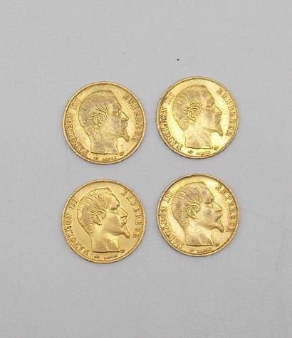 null Quatre pièces de 20 Francs Or, Napoléon, tête nue, 1858 A.

Poids : 25,72grs.



Estimation...