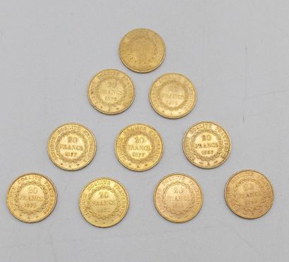 null Dix pièces de 20 Francs Or, au Génie, IIIème République.

1871 (x2), 1875, 1876...