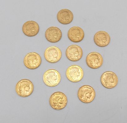 null Quinze pièces de 20 Francs Or, au Coq.

1906 (x7), 1907 (x3), 1908, 1909 (x2)...