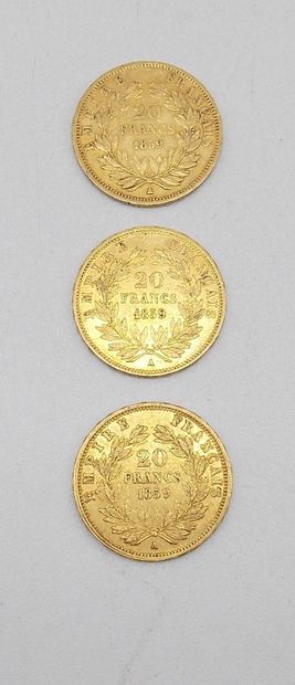 null Trois pièces de 20 Francs Or, Napoléon, tête nue, 1859 A.

Poids : 19,23grs.



Estimation...