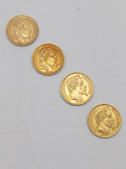 null Quatre pièces de 20 Francs Or, Napoléon, tête laurée.

1862 A, 1865 A, 1867...