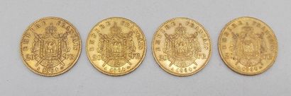 null Quatre pièces de 20 Francs Or, Napoléon, tête laurée, 1864 A.

Poids : 25,68grs.



Estimation...