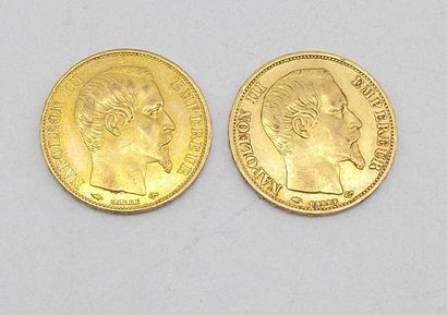 null Deux pièces de 20 Francs Or, Napoléon, tête nue, 1859 et 1960 A.

Poids : 12,82grs.



Estimation...