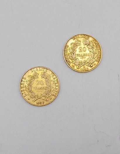 null Deux pièces de 20 Francs Or, Cérès, 1850 A.

Poids : 12,85grs.



Estimation...