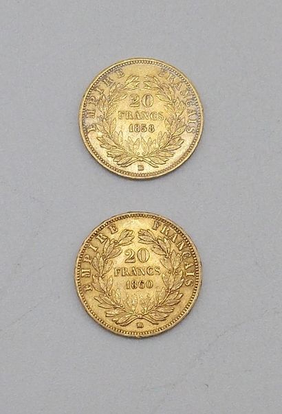 null Deux pièces de 20 Francs Or, Napoléon, tête nue, 1858 BB et 1860 BB.

Poids...