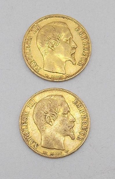 null Deux pièces de 20 Francs Or, Napoléon, tête nue, 1853 A.

Poids : 12,84grs.



Estimation...