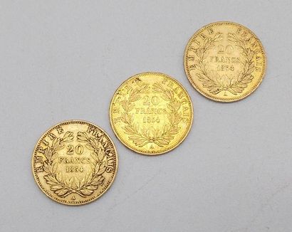 null Trois pièces de 20 Francs Or, Napoléon, tête nue, 1854 A.

Poids : 19,19grs.



Estimation...