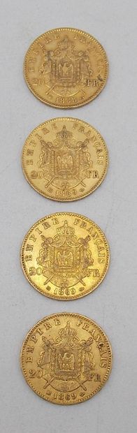 null Quatre pièces de 20 Francs Or, Napoléon, tête laurée, 1868 & 1869 (x3) BB.

Poids...