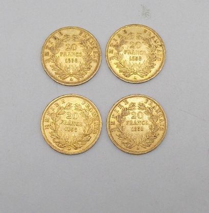 null Quatre pièces de 20 Francs Or, Napoléon, tête nue, 1858 A.

Poids : 25,72grs.



Estimation...