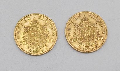 null Deux pièces de 20 Francs Or, Napoléon, tête laurée, 1869 A et 1870 A.

Poids...