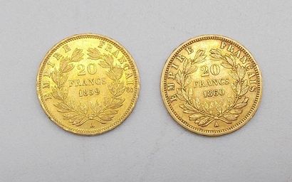null Deux pièces de 20 Francs Or, Napoléon, tête nue, 1859 et 1960 A.

Poids : 12,82grs.



Estimation...