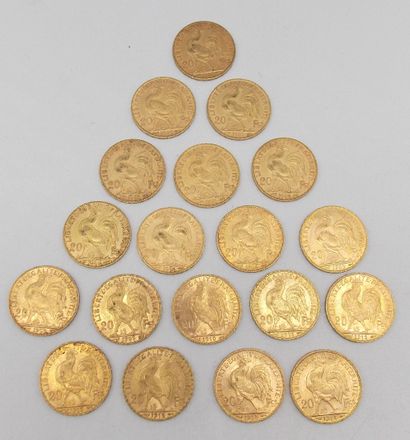 null Dix Neuf pièces de 20 Francs Or, au Coq.

1903, 1904, 1905 (x4), 1906 (x2),...