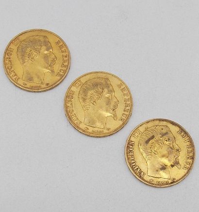 null Trois pièces de 20 Francs Or, Napoléon, tête nue, 1859 A.

Poids : 19,27grs.



Estimation...