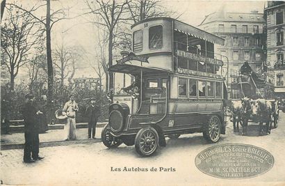 null 10 POSTCARDS THE BUSES: Paris. "Les Autobus à Paris (Montmartre-Place St Michel),...