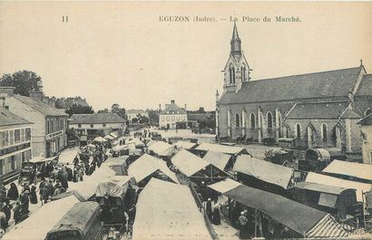 null 12 MARKET POSTCARDS: Indre selection. "Buzançais-Place du Marché, Chabris-La...