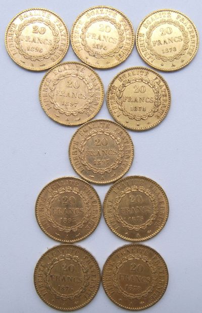  Dix pièces de 20 Francs Or, au Génie, IIIème République. 
1871, 1874, 1875, 1876,...