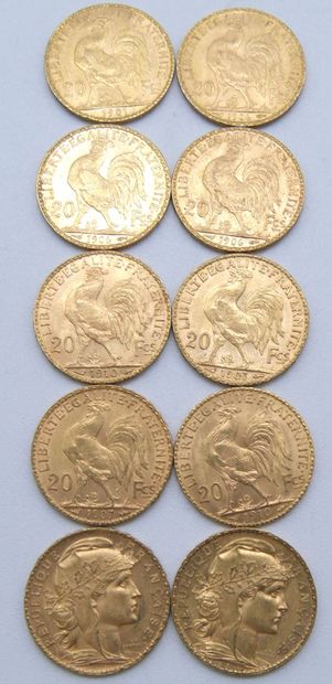 null Dix pièces de 20 Francs Or, au Coq.

1901, 1905, 1906 (x3), 1907 (x2), 1909...