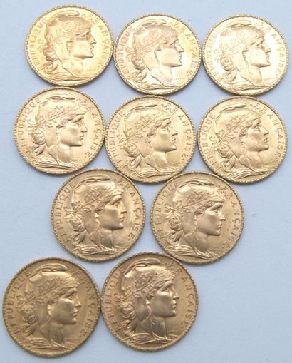  Dix pièces de 20 Francs Or, au Coq. 
1904, 1907 (x2), 1908 (x3), 1909, 1910, 1911...