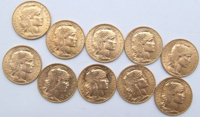 null Dix pièces de 20 Francs Or, au Coq.

1908 (x4), 1911 (x4), 1912 & 1914.

Poids...