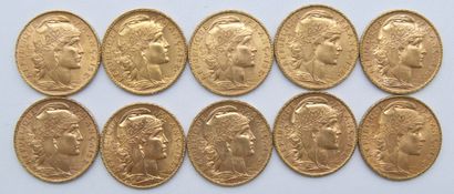  Dix pièces de 20 Francs Or, au Coq. 
1902, 1904, 1905, 1907 (x2), 1908 (x4) & 1912....