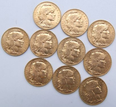 Dix pièces de 20 Francs Or, au Coq. 
1908...