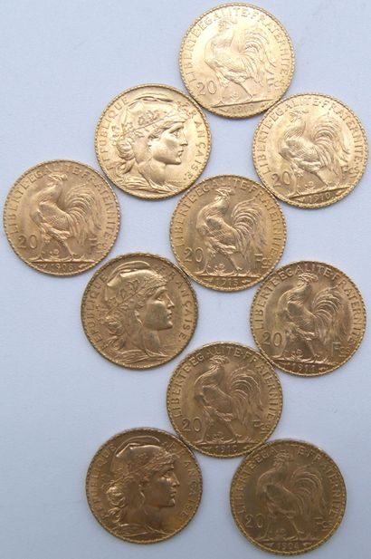  Dix pièces de 20 Francs Or, au Coq. 
1904, 1907, 1908, 1910 (x5), 1911 & 1913. 
Poids...