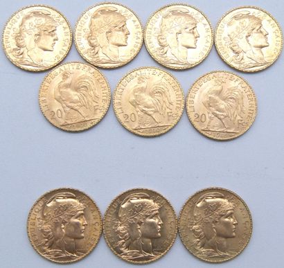 null Dix pièces de 20 Francs Or, au Coq.

1908 (x2), 1909 (x2), 1910 (x2), 1911,...