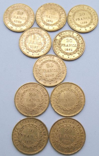 null Dix pièces de 20 Francs Or, au Génie, IIIème République.

1871, 1874, 1875,...