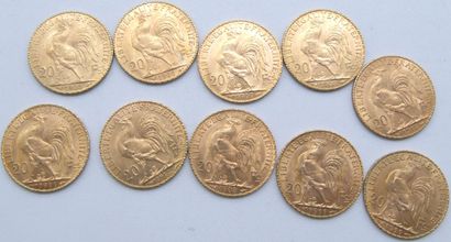 null Dix pièces de 20 Francs Or, au Coq.

1908 (x4), 1911 (x4), 1912 & 1914.

Poids...
