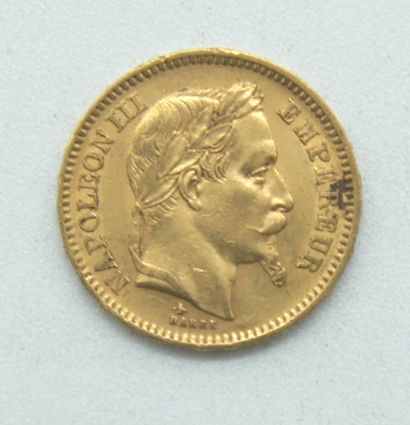  Une pièce de 20 Francs Or, Napoléon, tête laurée, 1866 A. 
Poids : 6,43grs. 
 
Estimation...