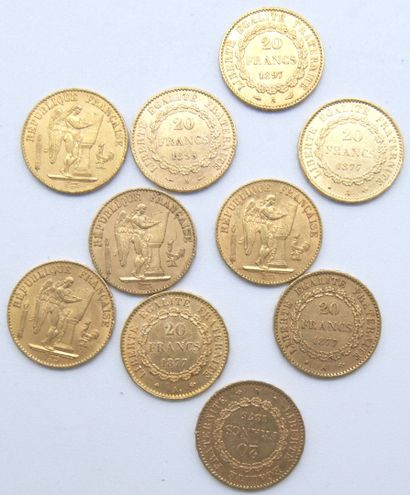  Dix pièces de 20 Francs Or, au Génie, IIIème République. 
1875, 1876 (x3), 1877...