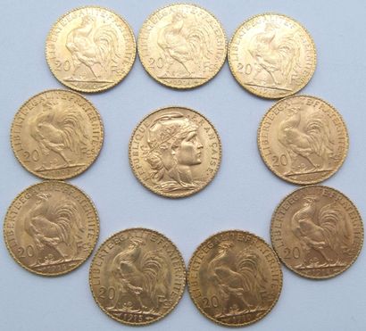 null Dix pièces de 20 Francs Or, au Coq.

1907, 1909, 1910, 1912 (x2), 1913 (x2)...