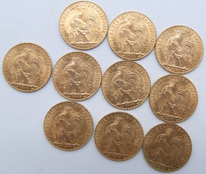  Dix pièces de 20 Francs Or, au Coq. 
1908 (x2), 1909 (x3), 1910 (x3) & 1911 (x2)....