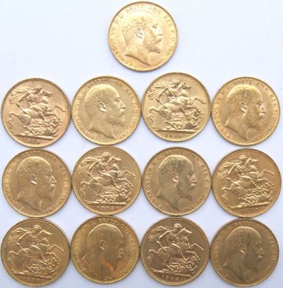 null Treize pièces Souverain Or, Edward VII.

1905 (x3), 1906, 1907 (x3), 1908, 1909...
