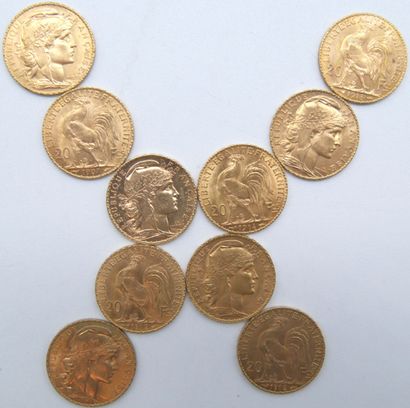 null Dix pièces de 20 Francs Or, au Coq.

1907 (x2), 1910, 1911 (x2), 1912 (x2),...