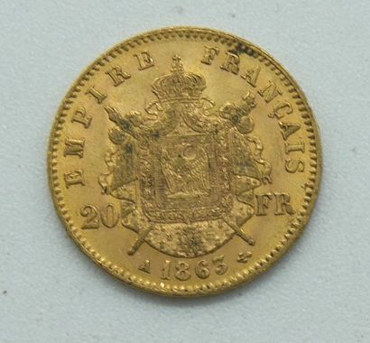  Une pièce de 20 Francs Or, Napoléon, tête laurée, 1863 A. 
Poids : 6,45grs. 
 
Estimation...