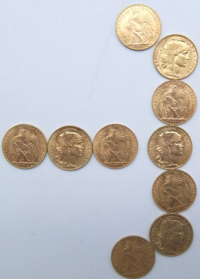null Dix pièces de 20 Francs Or, au Coq.

1904, 1908, 1909, 1910, 1911 (x5) & 1912.

Poids...