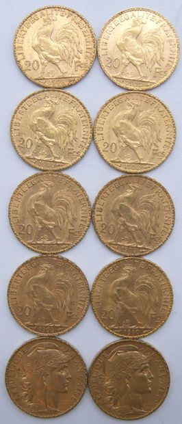 Dix pièces de 20 Francs Or, au Coq. 
1904,...