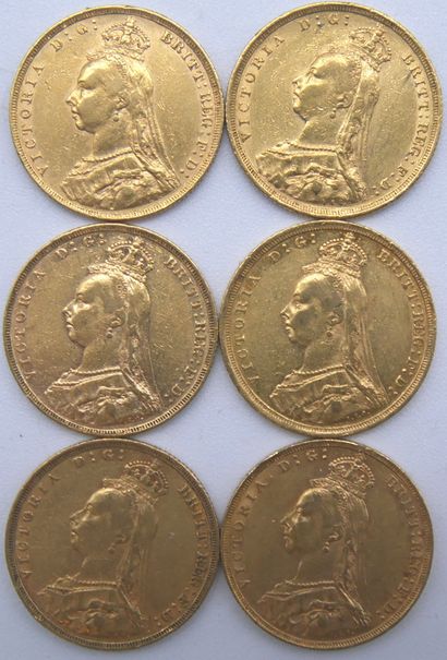  Six pièces Souverain Or, Victoria Jubilé 
1888, 1889, 1890 (x2), 1891 & 1892. 
Poids...