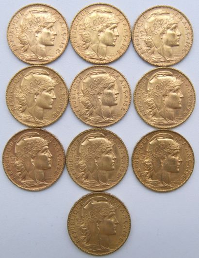  Dix pièces de 20 Francs Or, au Coq. 
1903, 1904, 1905, 1906 (x2), 1907, 1908, 1909,...
