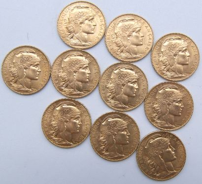  Dix pièces de 20 Francs Or, au Coq. 
1908 (x2), 1909 (x3), 1910 (x3) & 1911 (x2)....